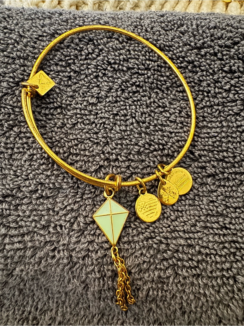 Alex and Ani Gold-Tone Bangle with Mint Kite Charm and Tassel